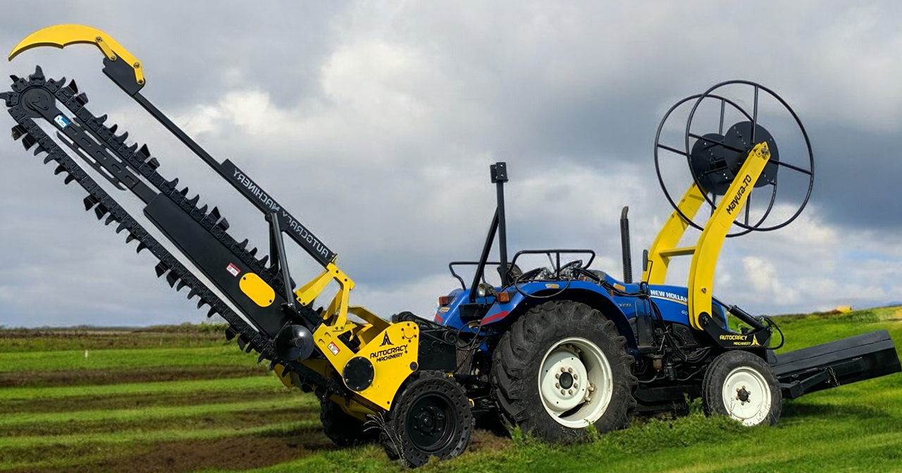All-in-one trencher machine with trenching, laying, backfilling, GPS, and live camera for fiber optic cable laying in telecom projects.