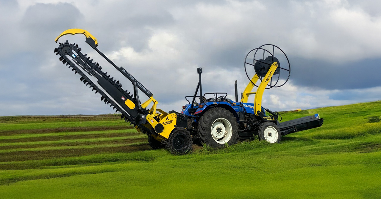 All-in-one trencher machine with trenching, laying, backfilling, GPS, and live camera for fiber optic cable laying in telecom projects.
