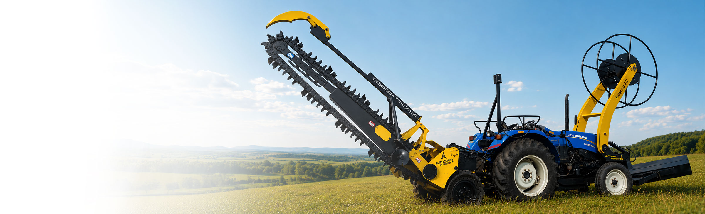 All-in-one trencher machine with trenching, laying, backfilling, GPS, and live camera for fiber optic cable laying in telecom projects.